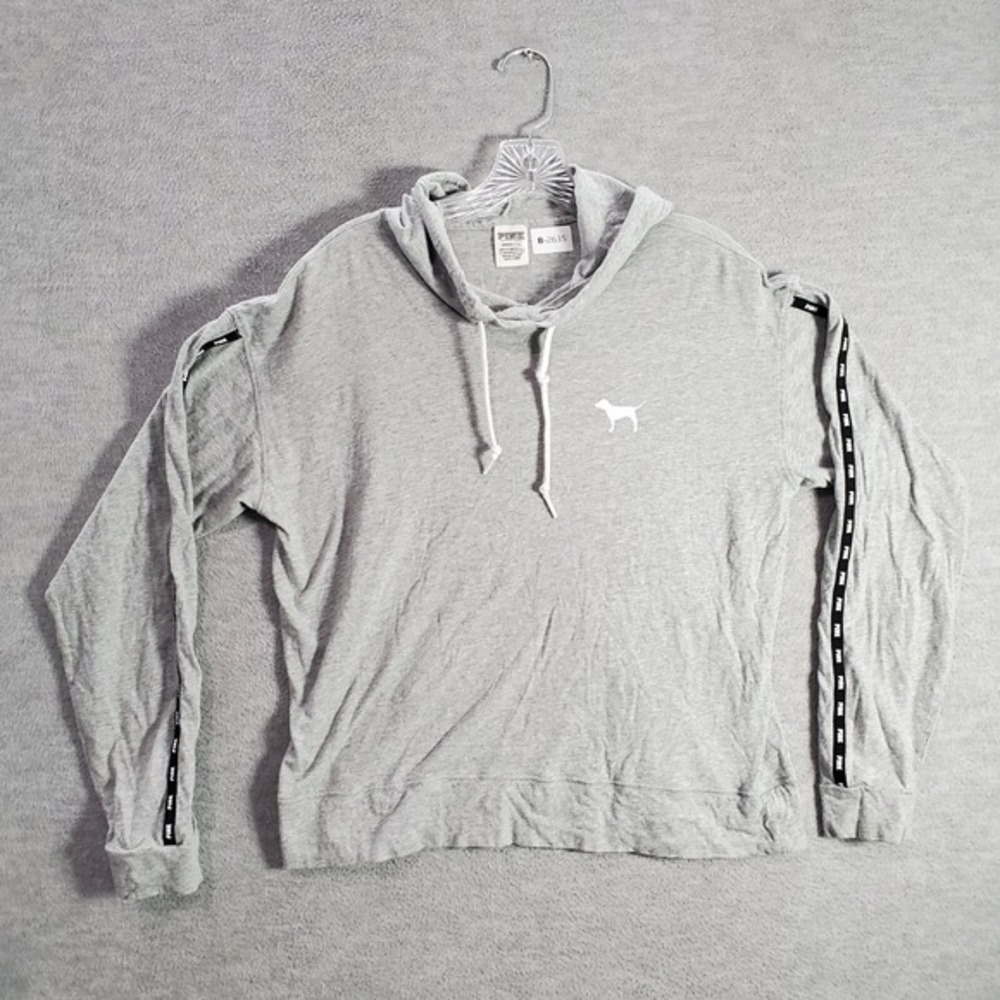 PINK Victoria's Secret Women Sweatshirt Small Gray Hoodie Logo Drawstring